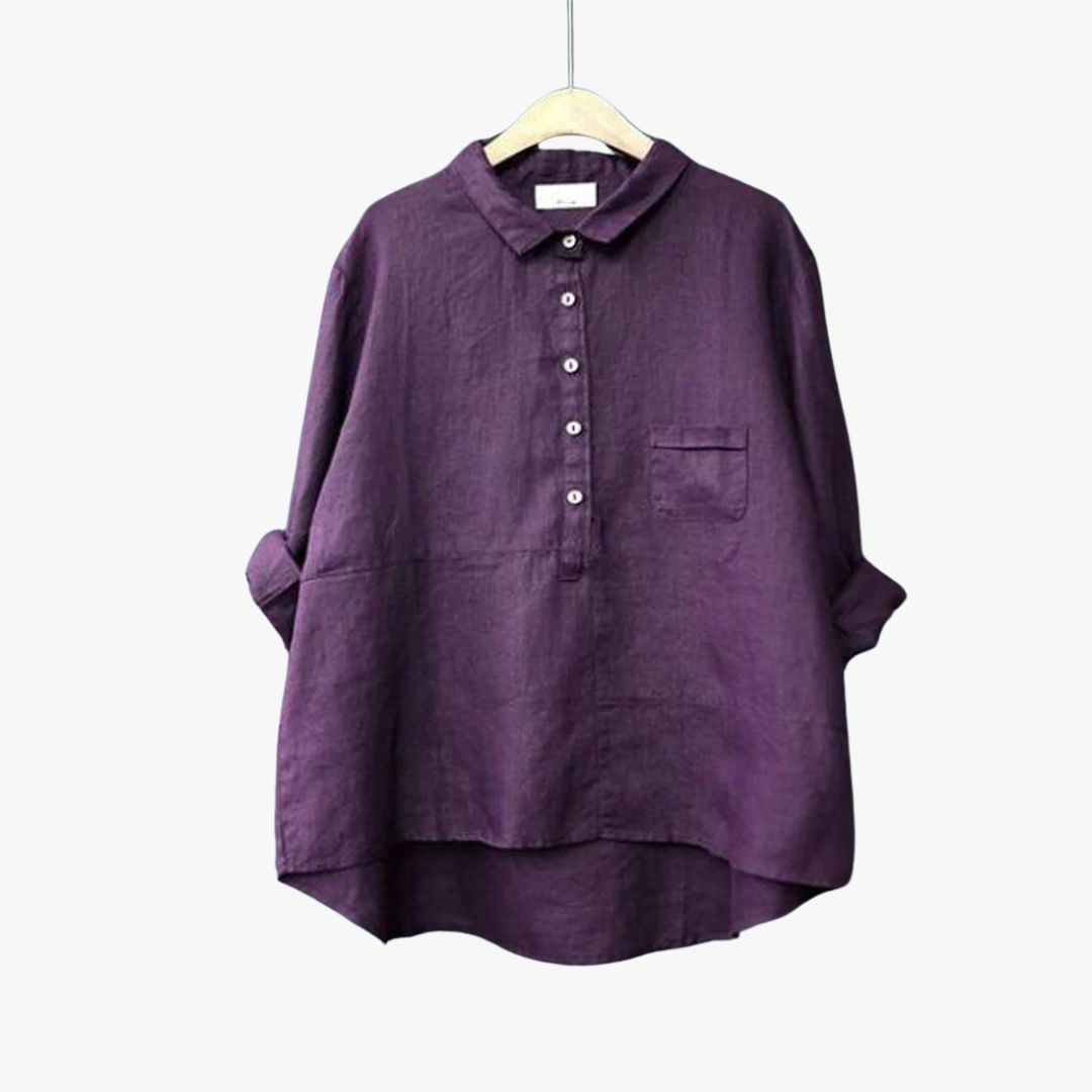 Miles & Luna Lapel Neck Casual Solid Color Cotton and Linen Long Sleeve Shirt for Women