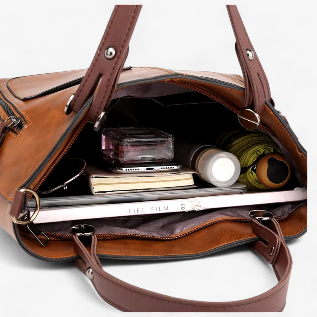 Miles & Luna Leather Handbag Multi-Pocket Shoulder Bag Vintage Style for Women
