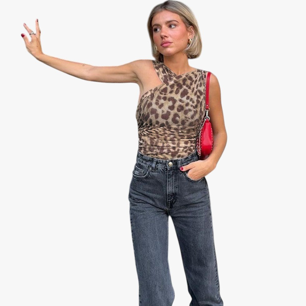 Miles & Luna Leopard Print Bodysuit Elegant Sleeveless Top for Women