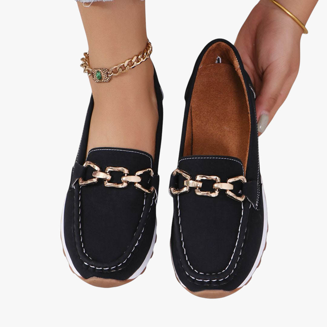 Miles & Luna Loafers - Orthopedic suede loafers with chain detail for women
