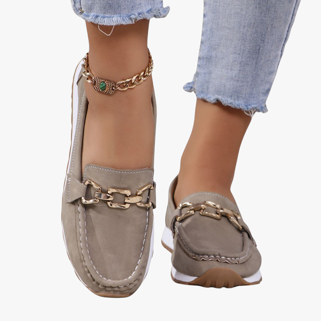 Miles & Luna Loafers - Orthopedic suede loafers with chain detail for women