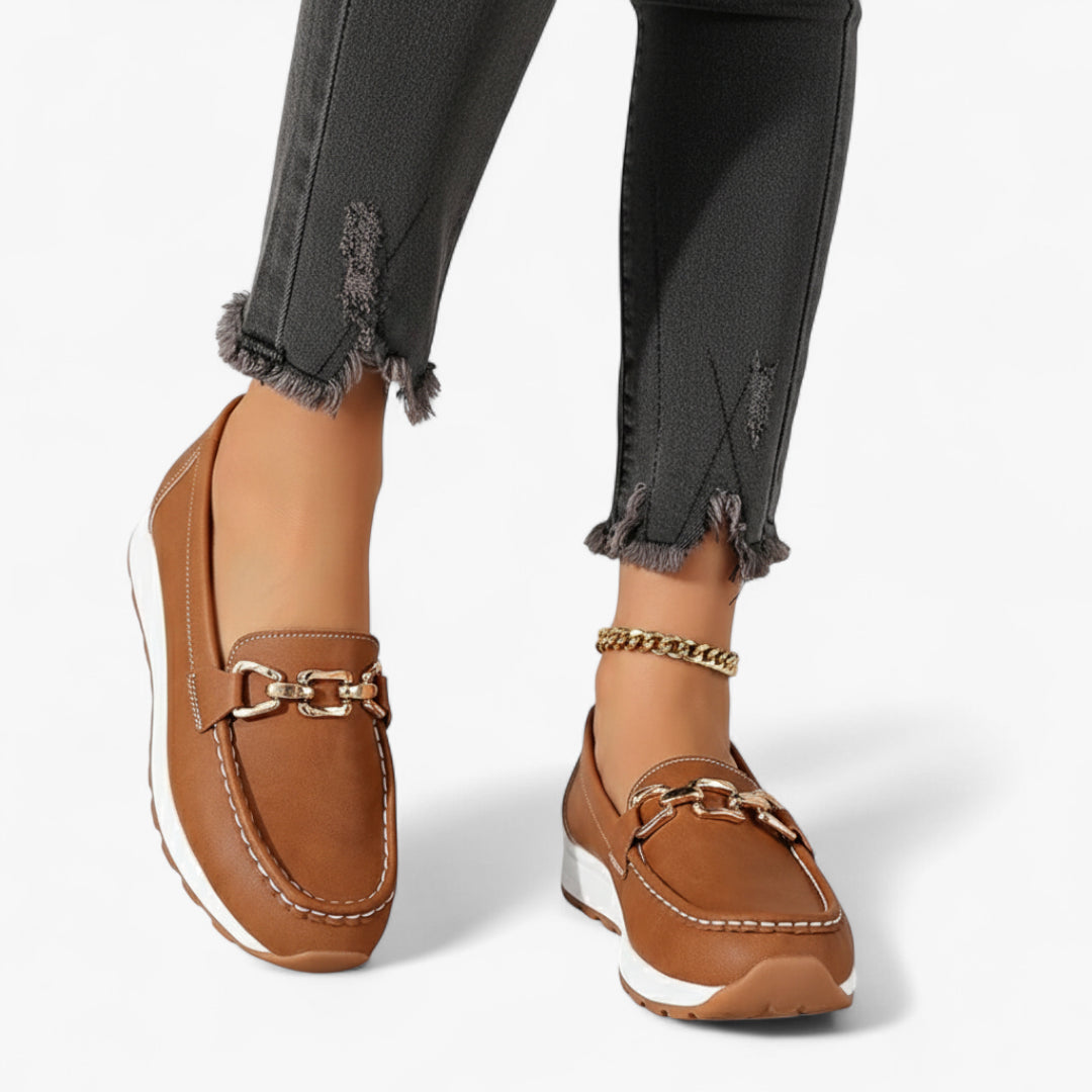 Miles & Luna Loafers - Orthopedic suede loafers with chain detail for women