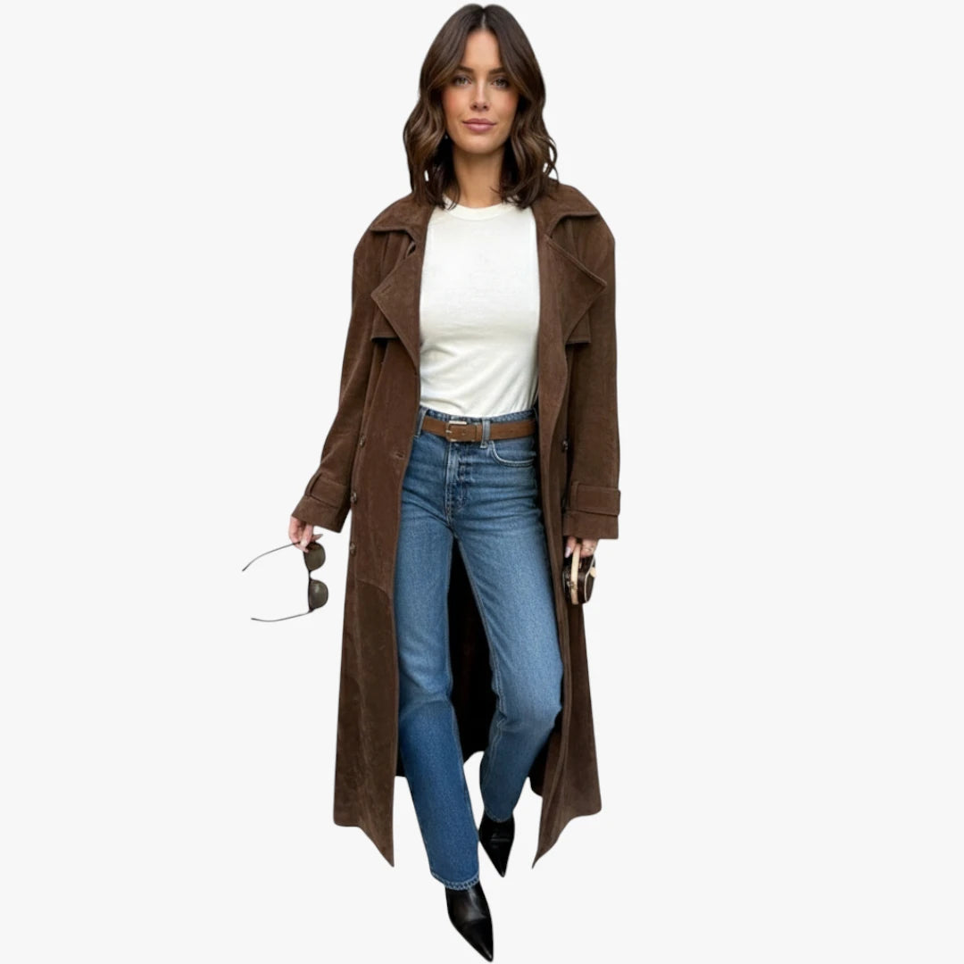 Miles & Luna Longline Faux Suede Trench Coat with Elegant Chic Silhouette for Women