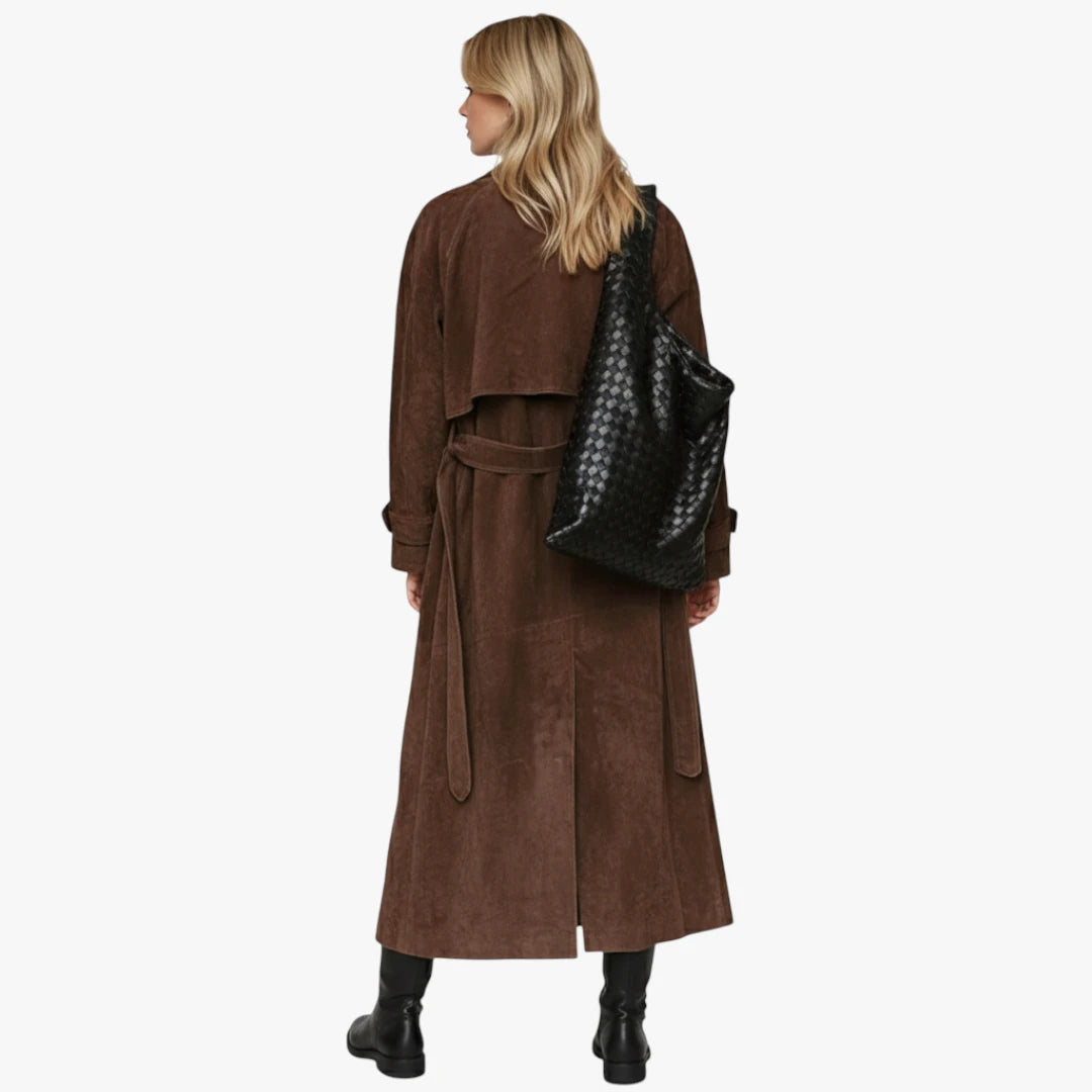 Miles & Luna Longline Faux Suede Trench Coat with Elegant Chic Silhouette for Women