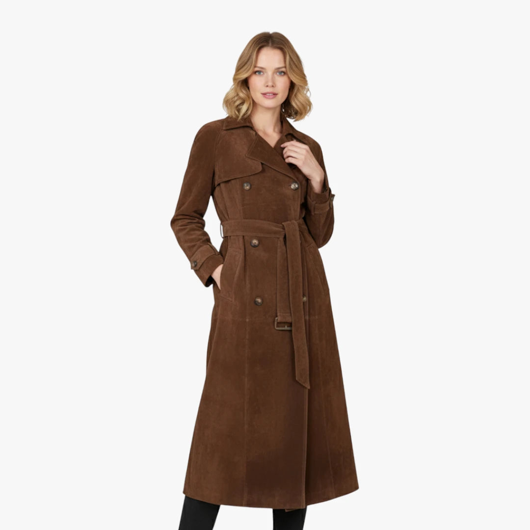 Miles & Luna Longline Faux Suede Trench Coat with Elegant Chic Silhouette for Women