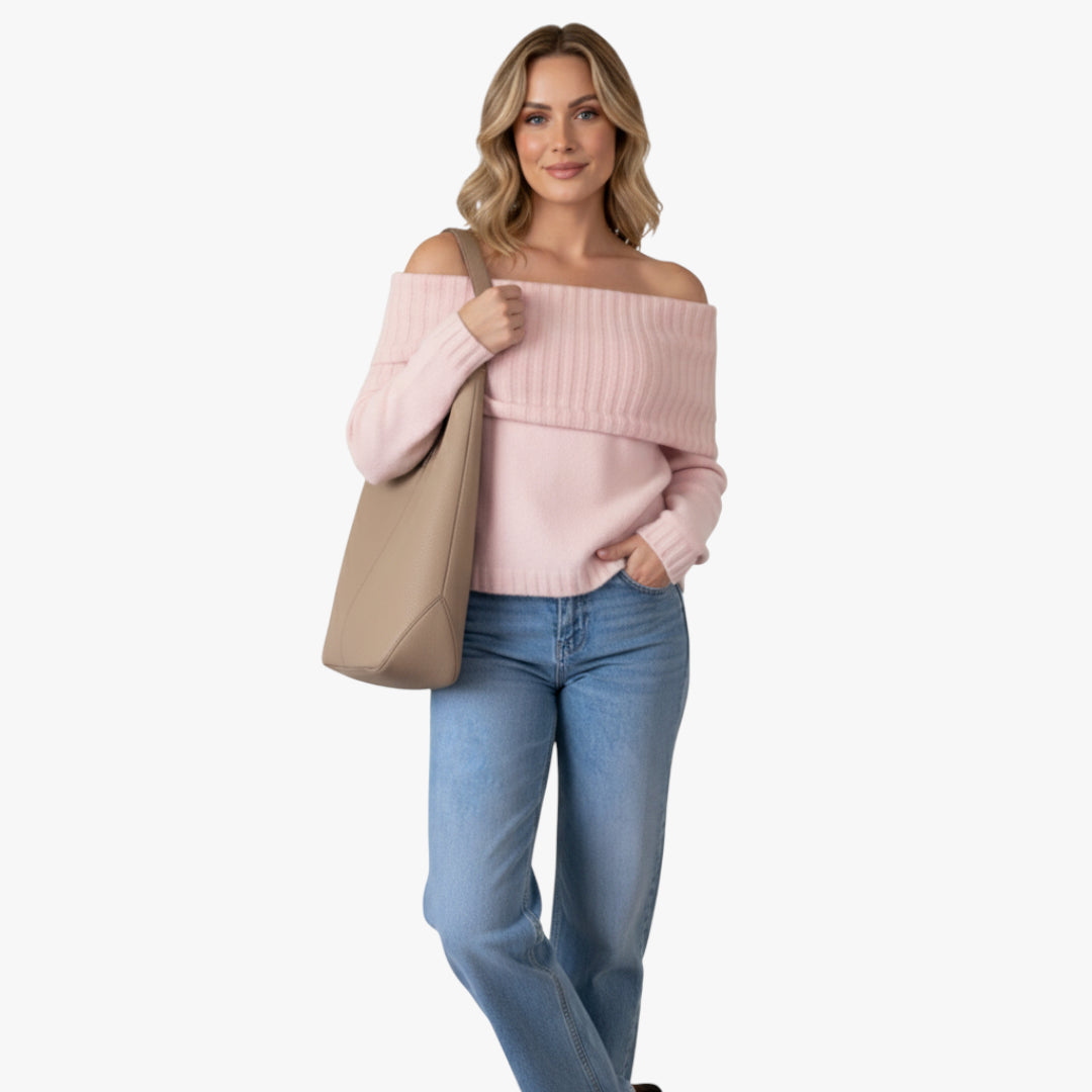 Miles & Luna Off Shoulder Knit Sweater with Ribbed Detailing and Folded Neckline for Women