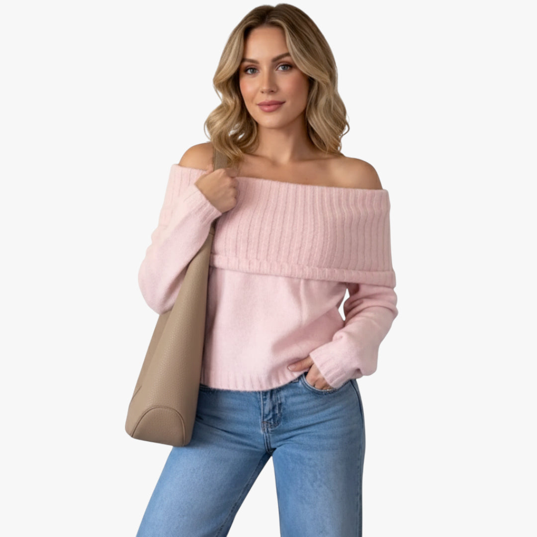 Miles & Luna Off Shoulder Knit Sweater with Ribbed Detailing and Folded Neckline for Women