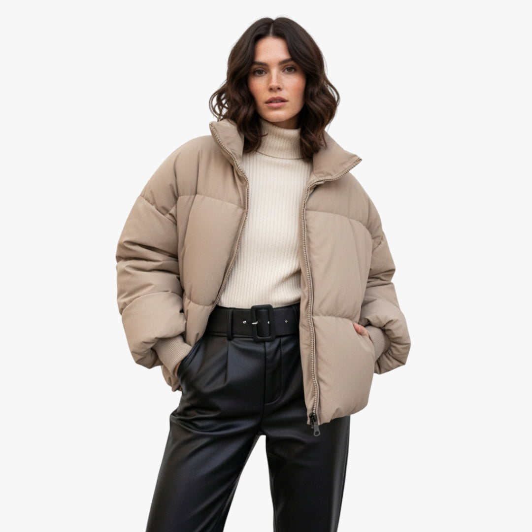 Miles & Luna Oversized Puffer Jacket with Stand Collar and Front Pockets for Women