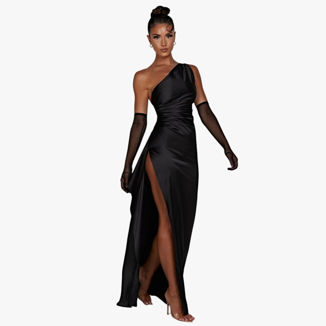 Miles & Luna Pleated Satin One-Shoulder Split Maxi Dress for Women