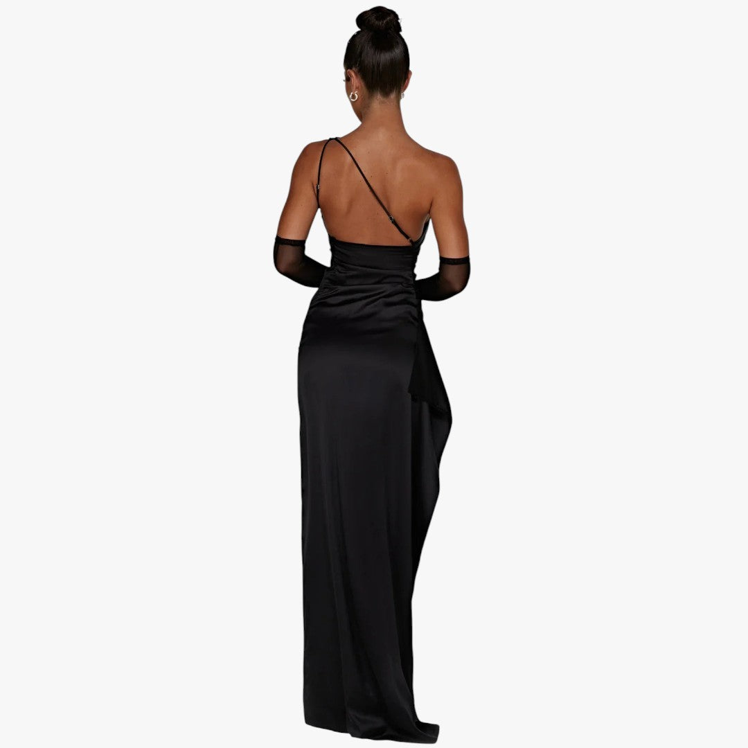 Miles & Luna Pleated Satin One-Shoulder Split Maxi Dress for Women