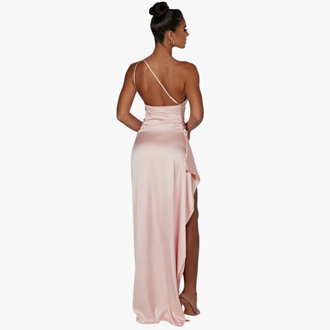 Miles & Luna Pleated Satin One-Shoulder Split Maxi Dress for Women