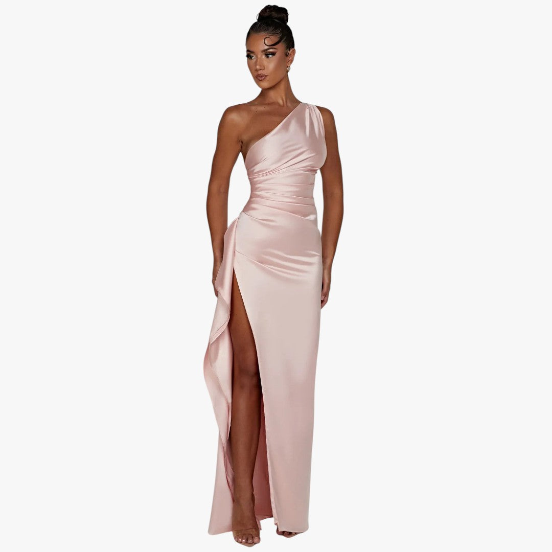 Miles & Luna Pleated Satin One-Shoulder Split Maxi Dress for Women