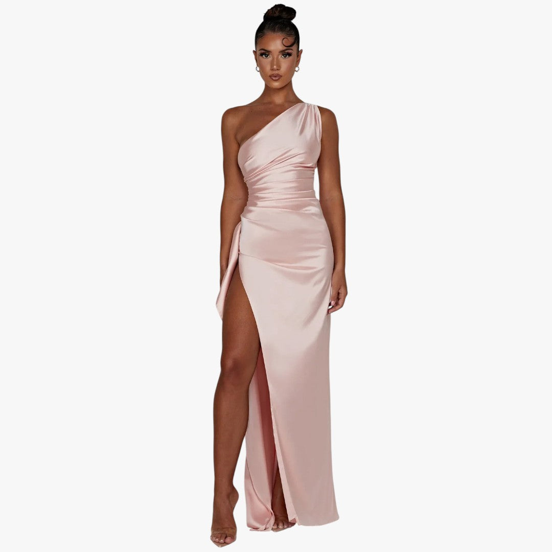 Miles & Luna Pleated Satin One-Shoulder Split Maxi Dress for Women
