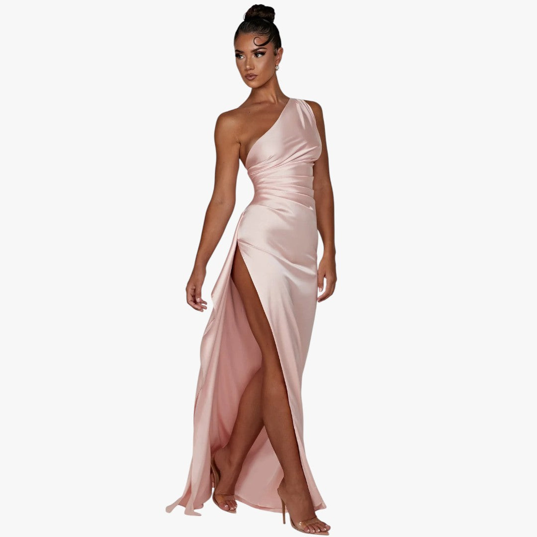 Miles & Luna Pleated Satin One-Shoulder Split Maxi Dress for Women