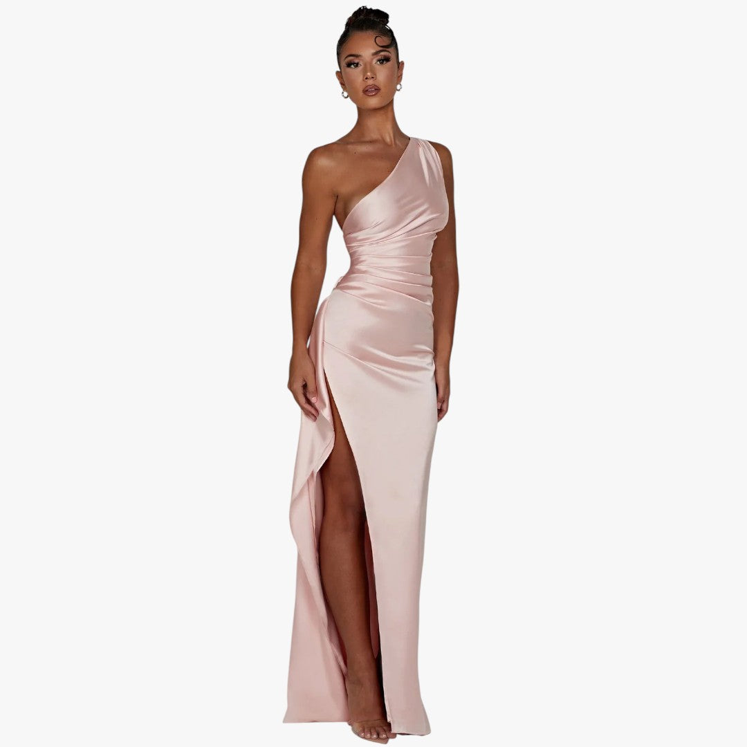 Miles & Luna Pleated Satin One-Shoulder Split Maxi Dress for Women