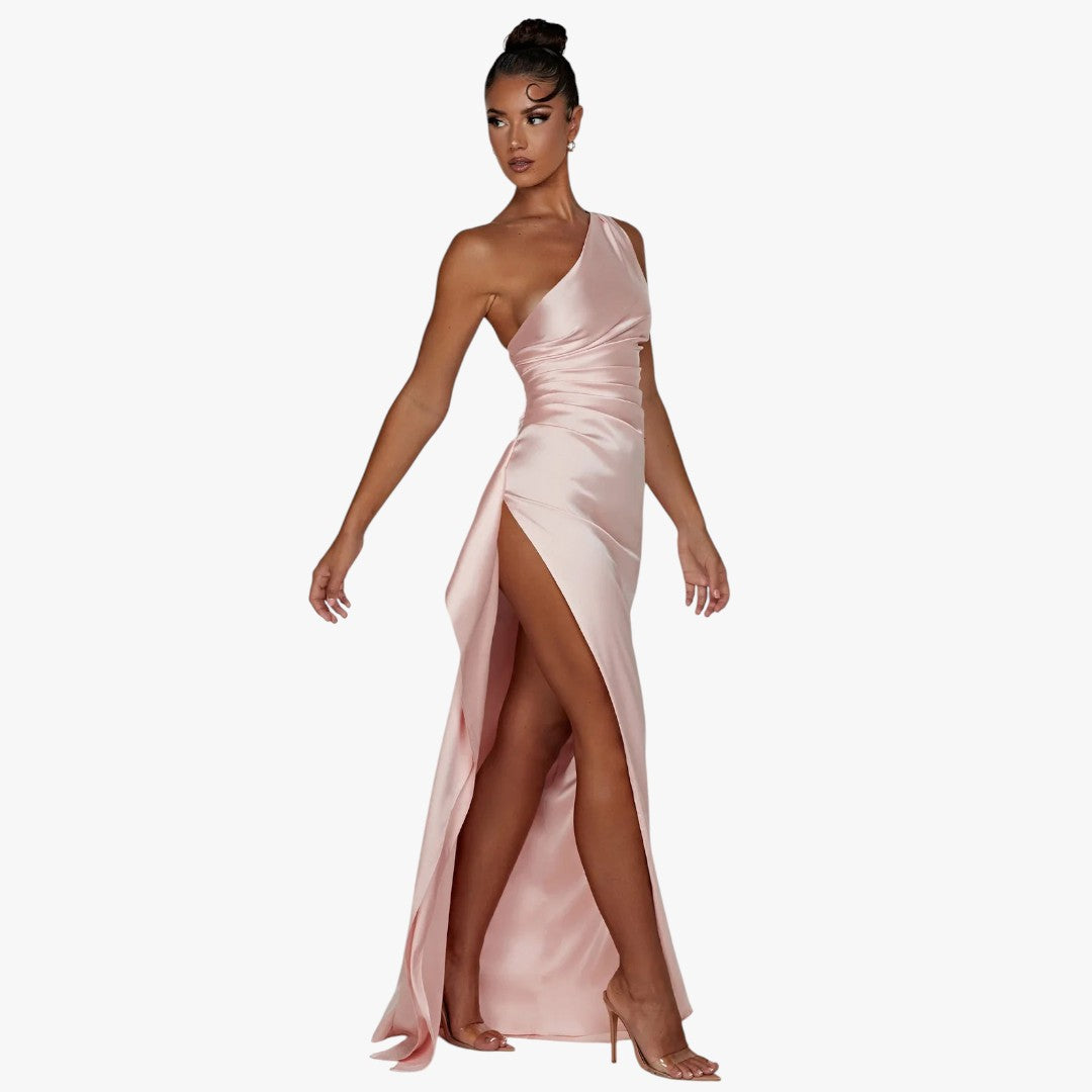 Miles & Luna Pleated Satin One-Shoulder Split Maxi Dress for Women