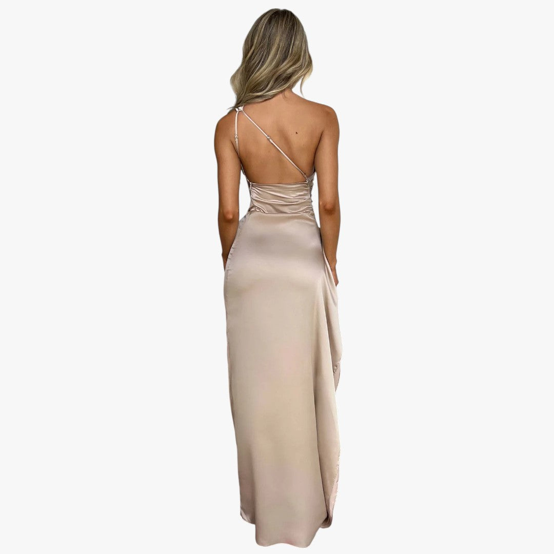 Miles & Luna Pleated Satin One-Shoulder Split Maxi Dress for Women
