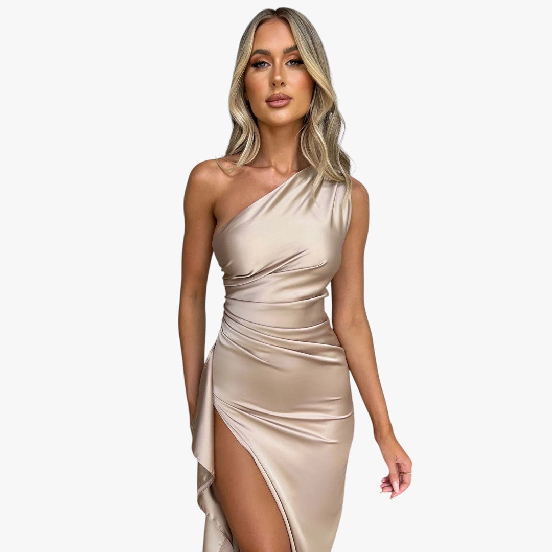Miles & Luna Pleated Satin One-Shoulder Split Maxi Dress for Women