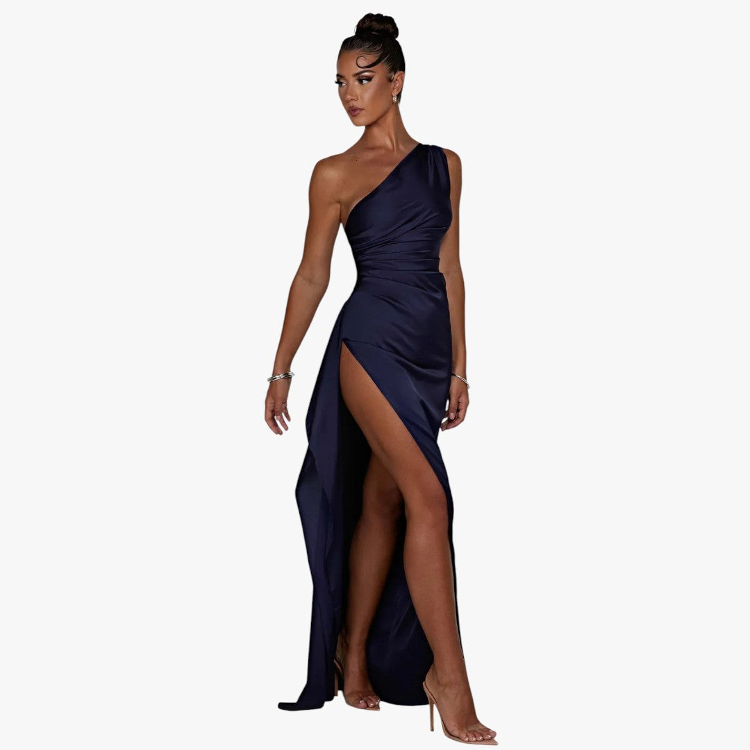Miles & Luna Pleated Satin One-Shoulder Split Maxi Dress for Women