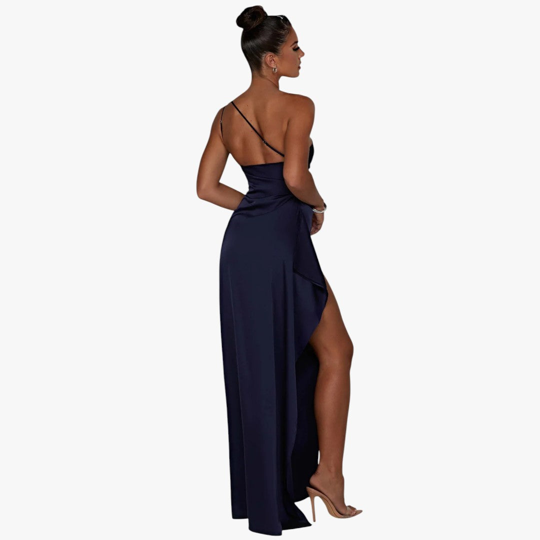 Miles & Luna Pleated Satin One-Shoulder Split Maxi Dress for Women