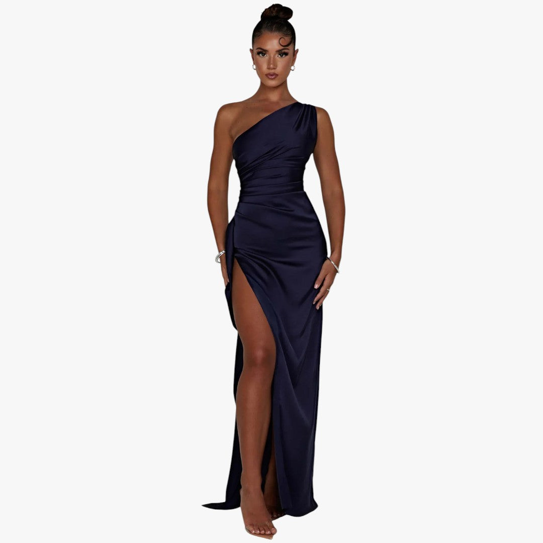 Miles & Luna Pleated Satin One-Shoulder Split Maxi Dress for Women