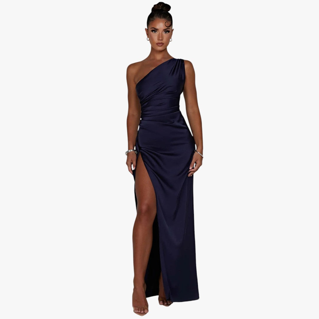 Miles & Luna Pleated Satin One-Shoulder Split Maxi Dress for Women