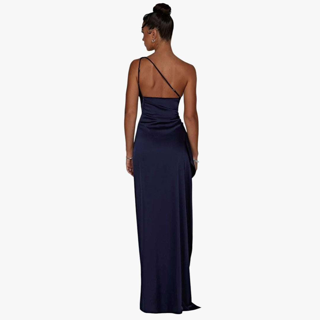 Miles & Luna Pleated Satin One-Shoulder Split Maxi Dress for Women