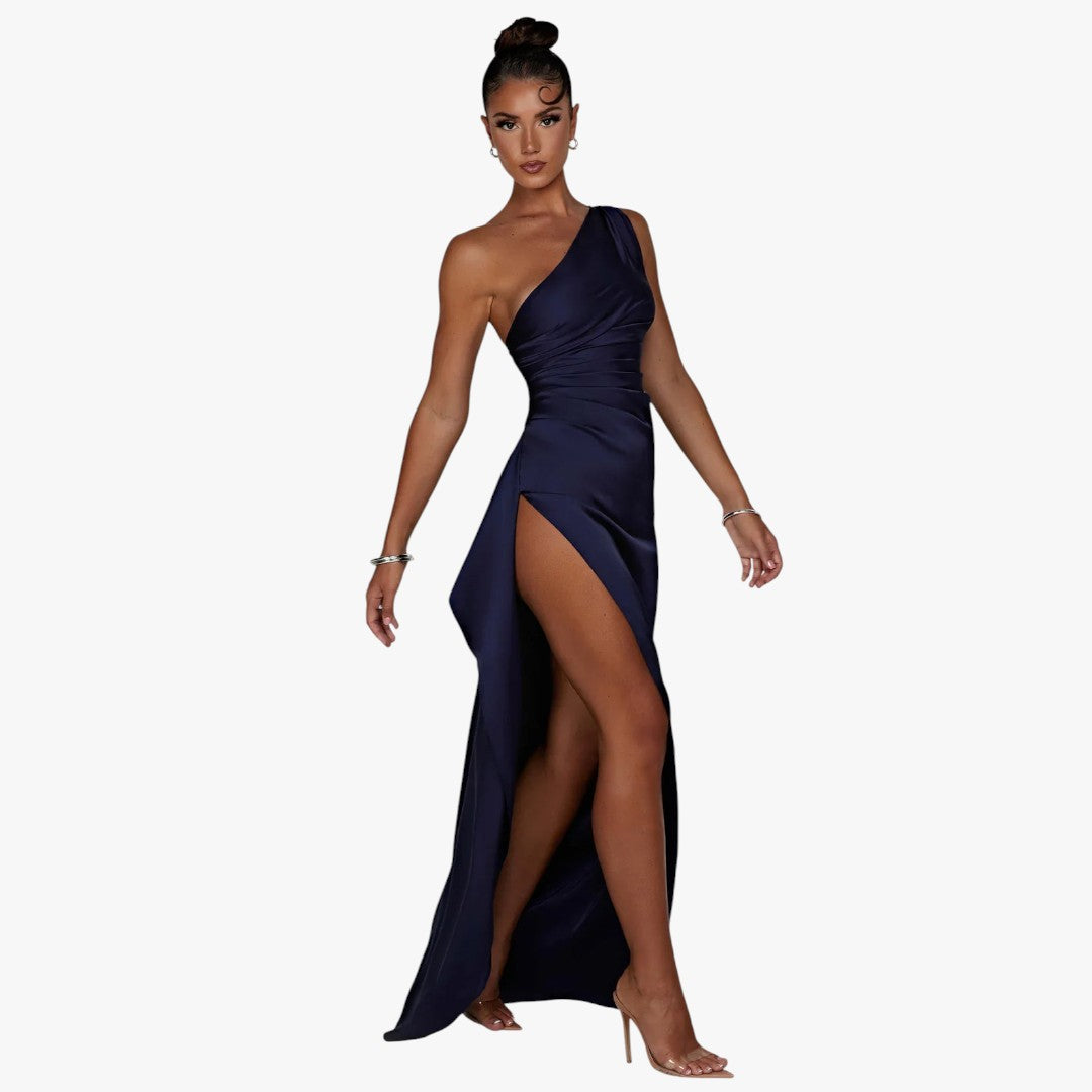 Miles & Luna Pleated Satin One-Shoulder Split Maxi Dress for Women