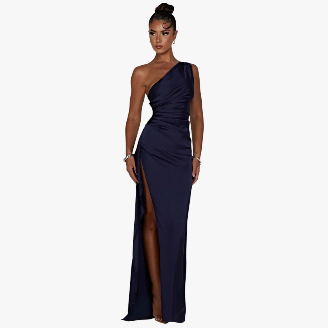 Miles & Luna Pleated Satin One-Shoulder Split Maxi Dress for Women