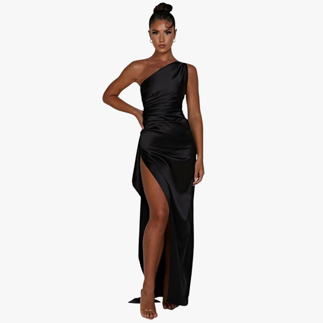 Miles & Luna Pleated Satin One-Shoulder Split Maxi Dress for Women