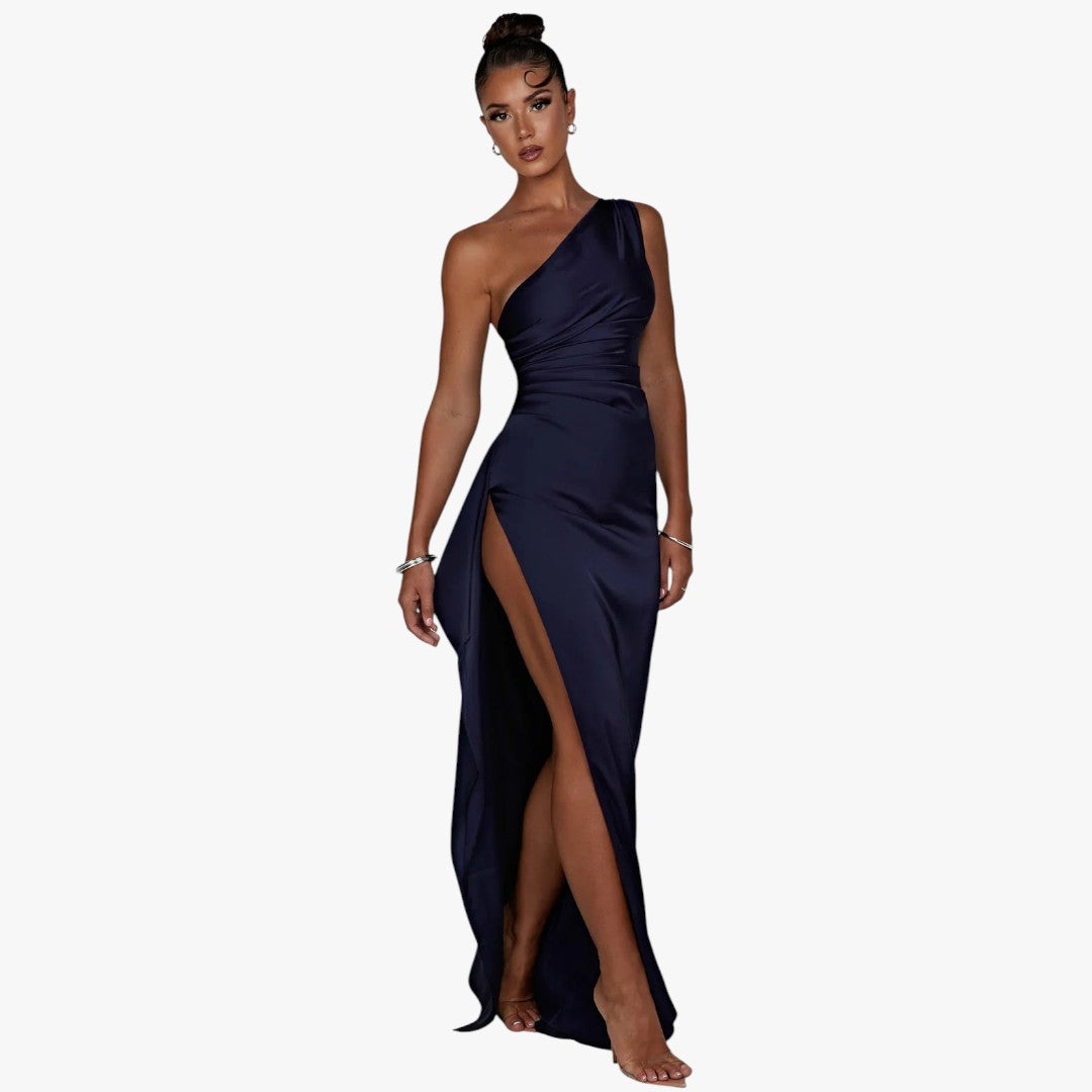 Miles & Luna Pleated Satin One-Shoulder Split Maxi Dress for Women