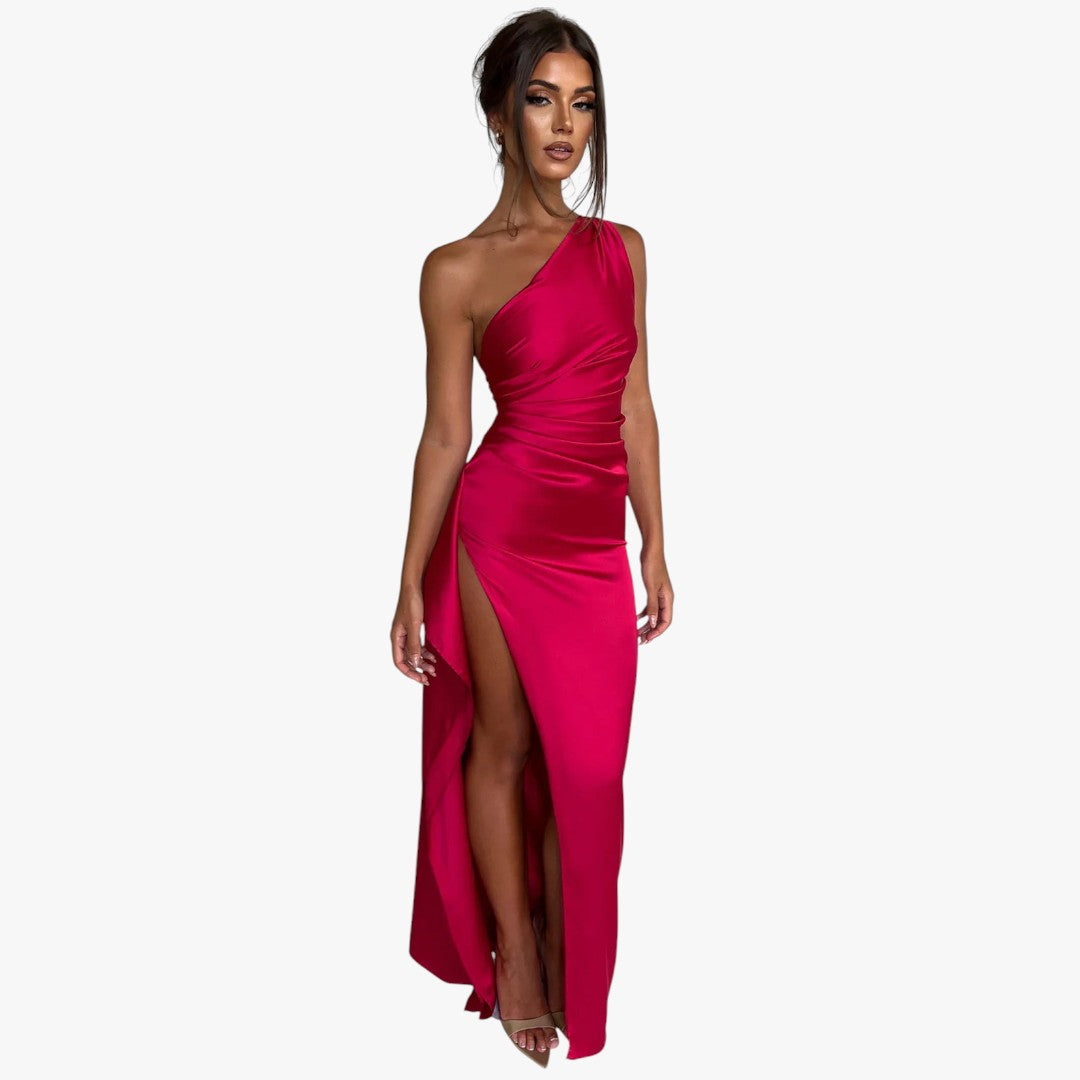 Miles & Luna Pleated Satin One-Shoulder Split Maxi Dress for Women