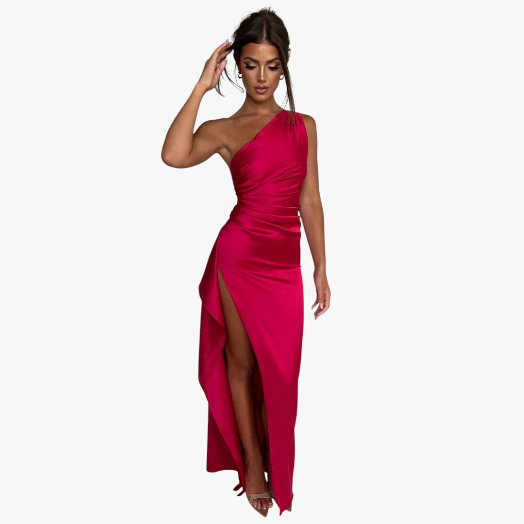 Miles & Luna Pleated Satin One-Shoulder Split Maxi Dress for Women