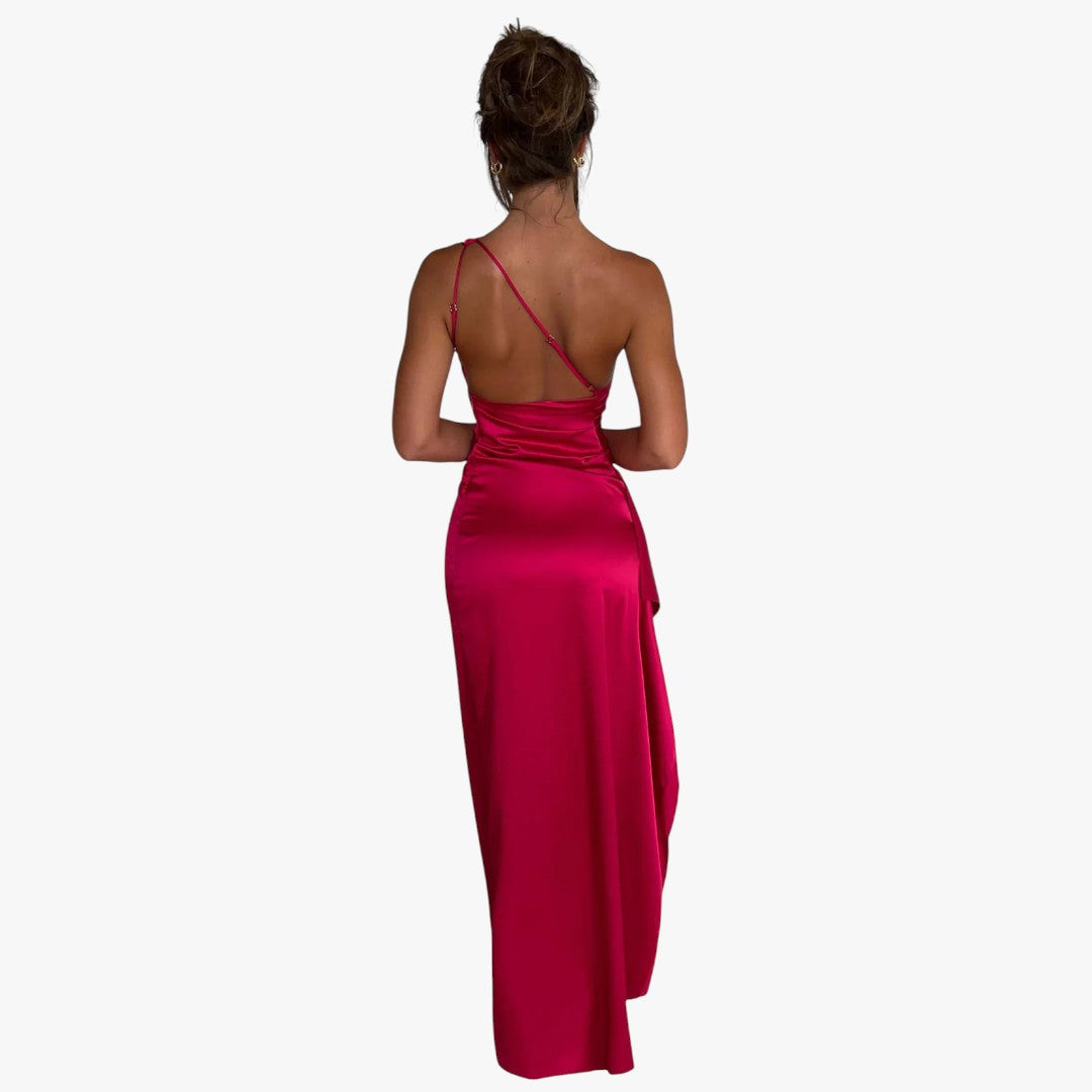 Miles & Luna Pleated Satin One-Shoulder Split Maxi Dress for Women