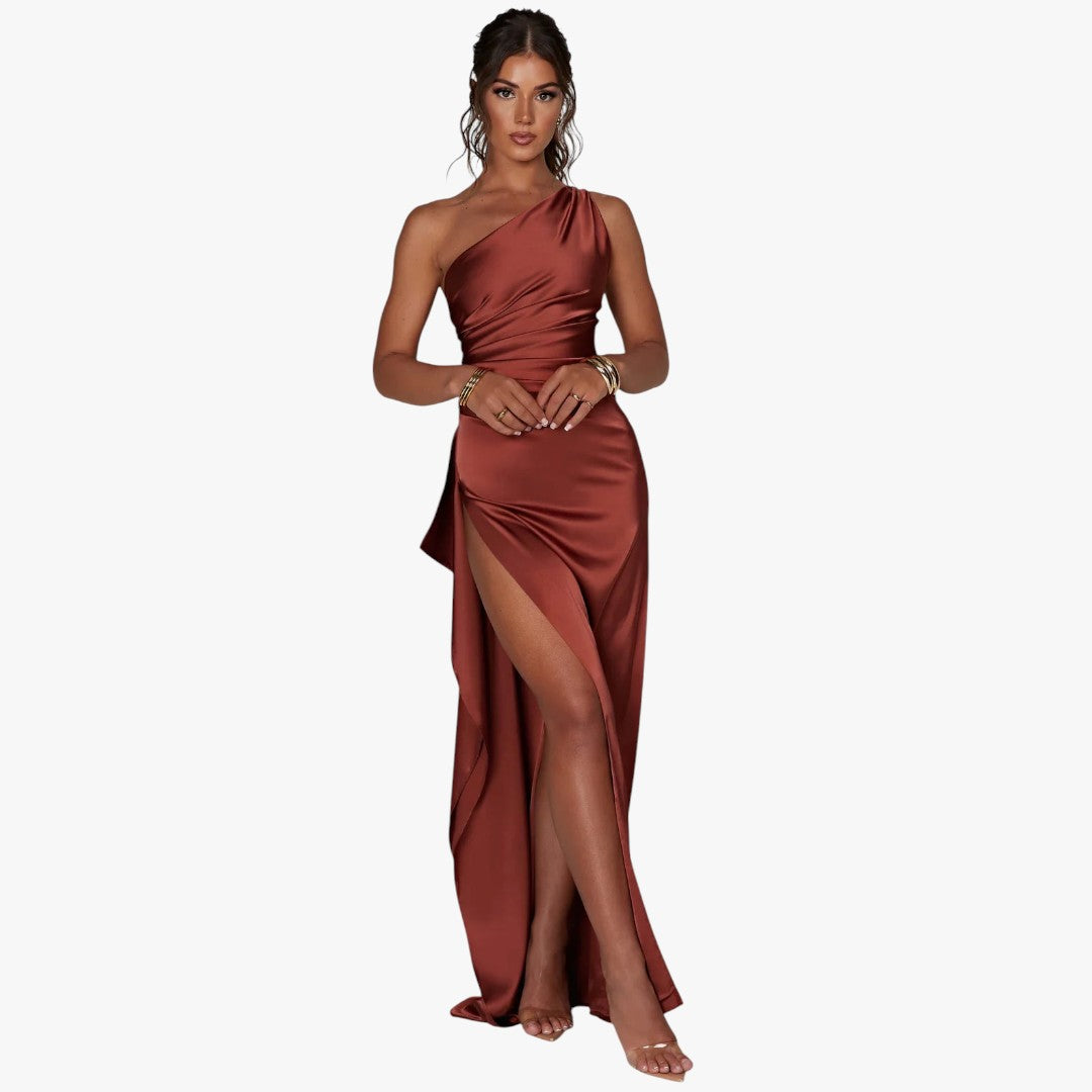 Miles & Luna Pleated Satin One-Shoulder Split Maxi Dress for Women