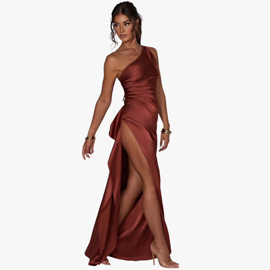 Miles & Luna Pleated Satin One-Shoulder Split Maxi Dress for Women