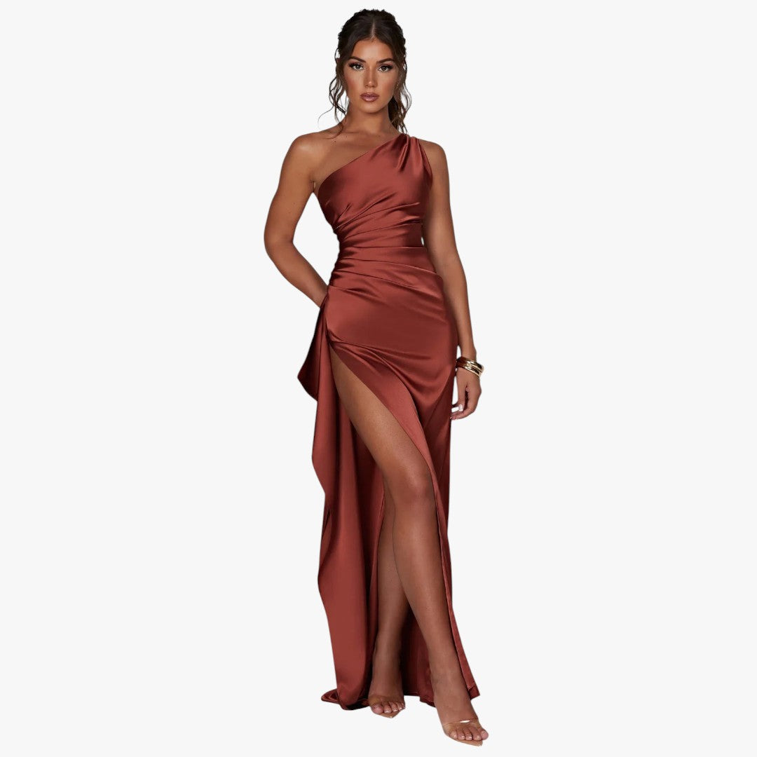Miles & Luna Pleated Satin One-Shoulder Split Maxi Dress for Women
