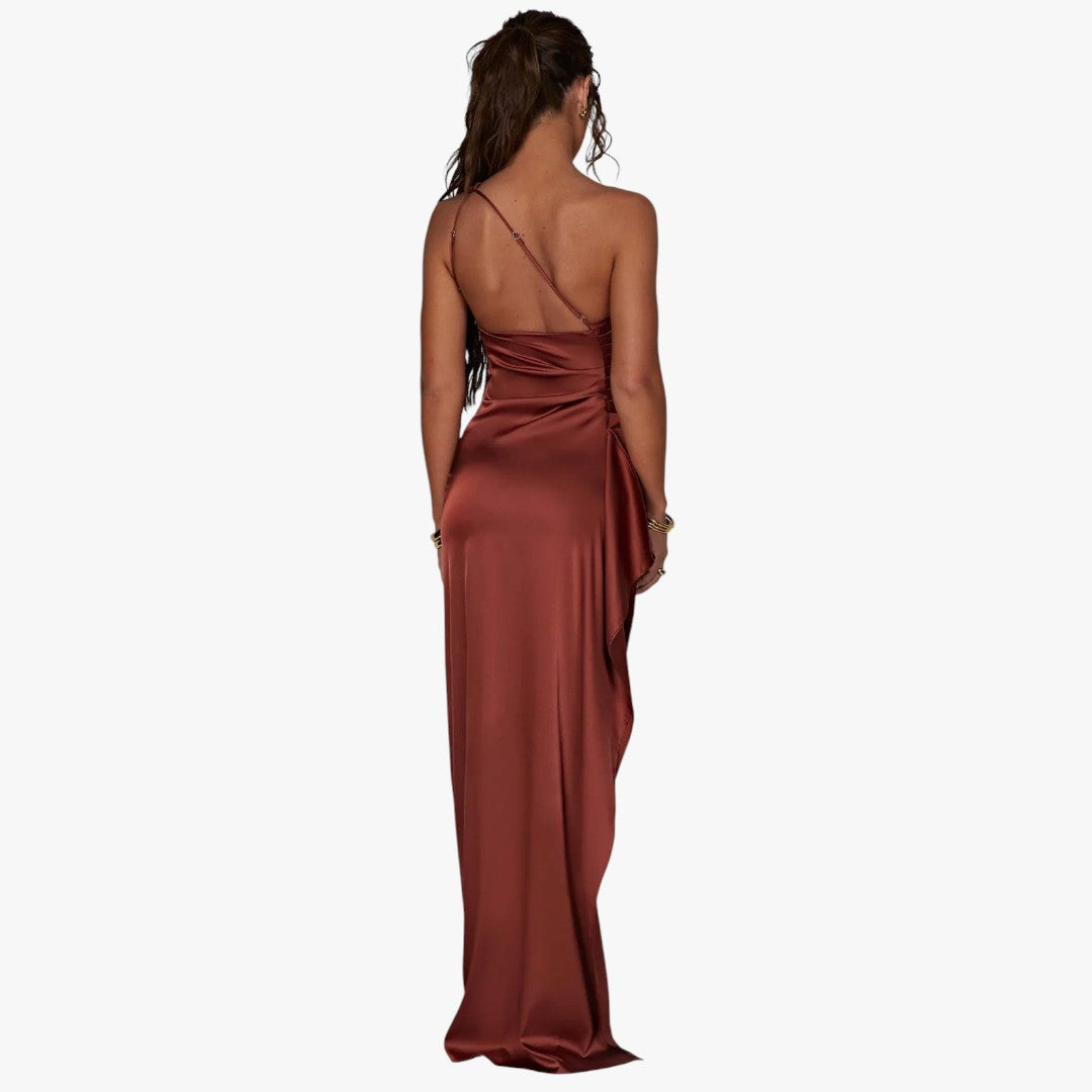 Miles & Luna Pleated Satin One-Shoulder Split Maxi Dress for Women