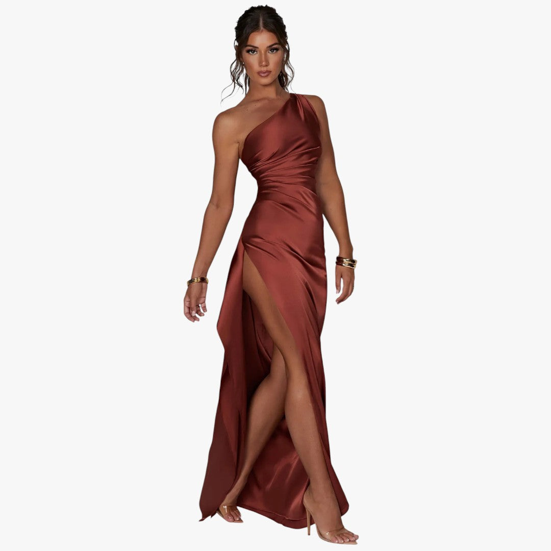 Miles & Luna Pleated Satin One-Shoulder Split Maxi Dress for Women