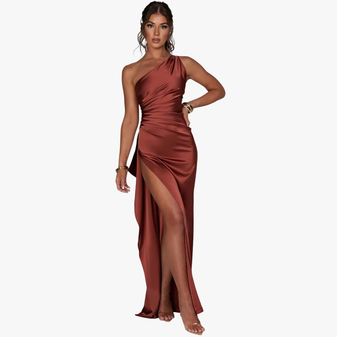 Miles & Luna Pleated Satin One-Shoulder Split Maxi Dress for Women