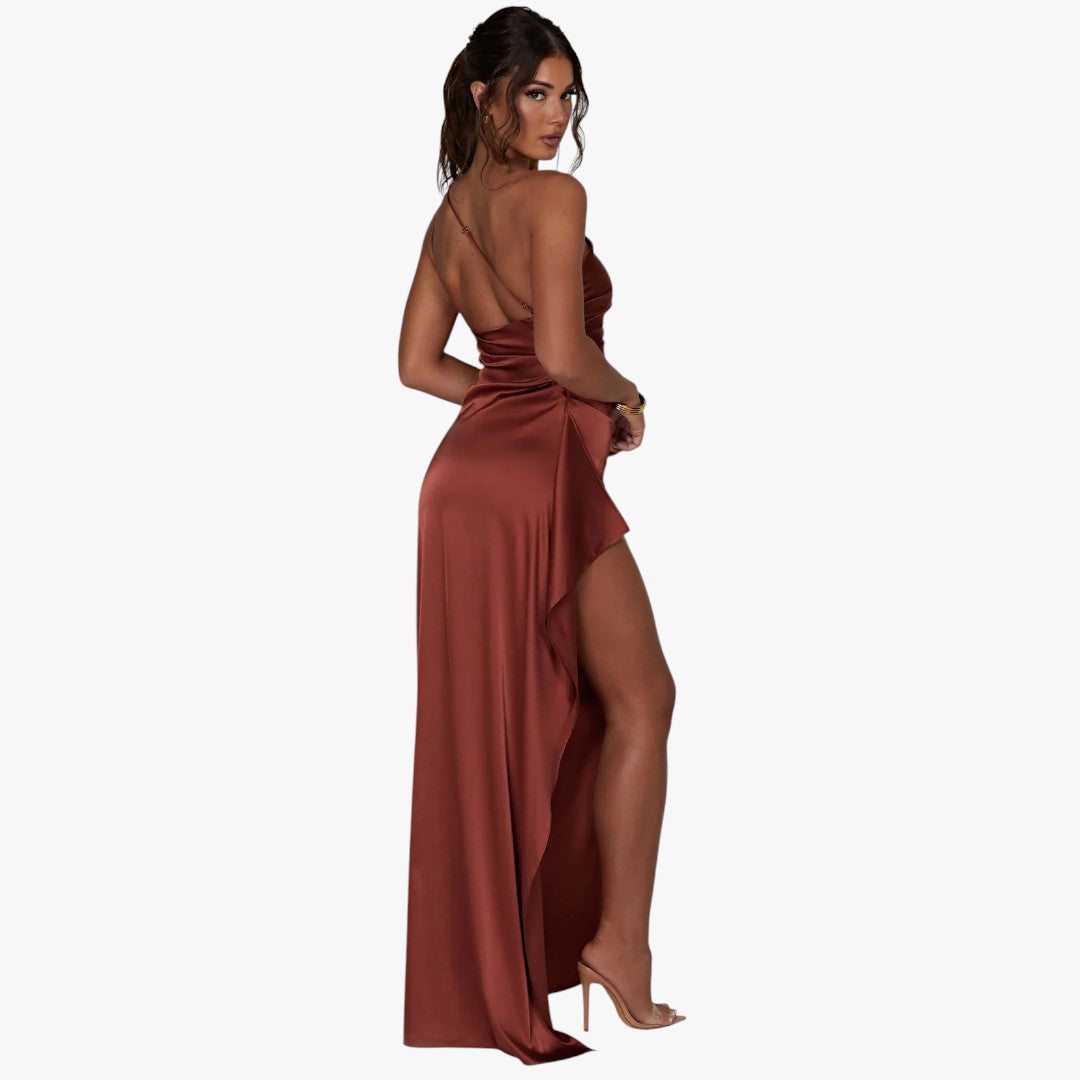 Miles & Luna Pleated Satin One-Shoulder Split Maxi Dress for Women