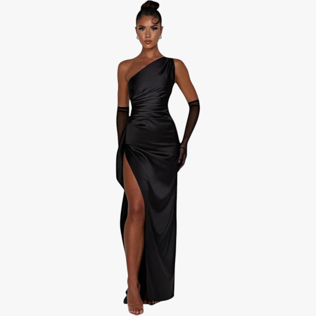 Miles & Luna Pleated Satin One-Shoulder Split Maxi Dress for Women