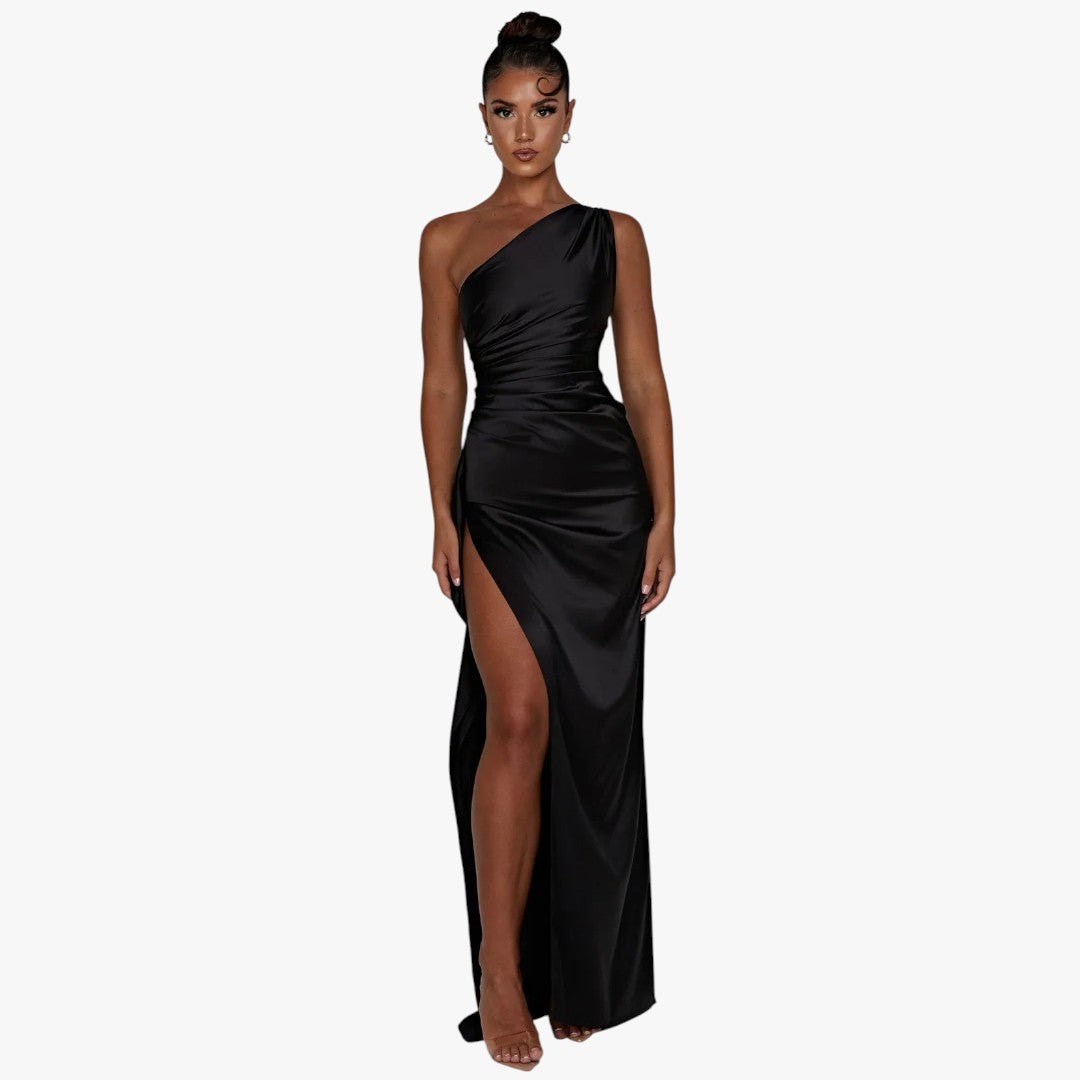 Miles & Luna Pleated Satin One-Shoulder Split Maxi Dress for Women