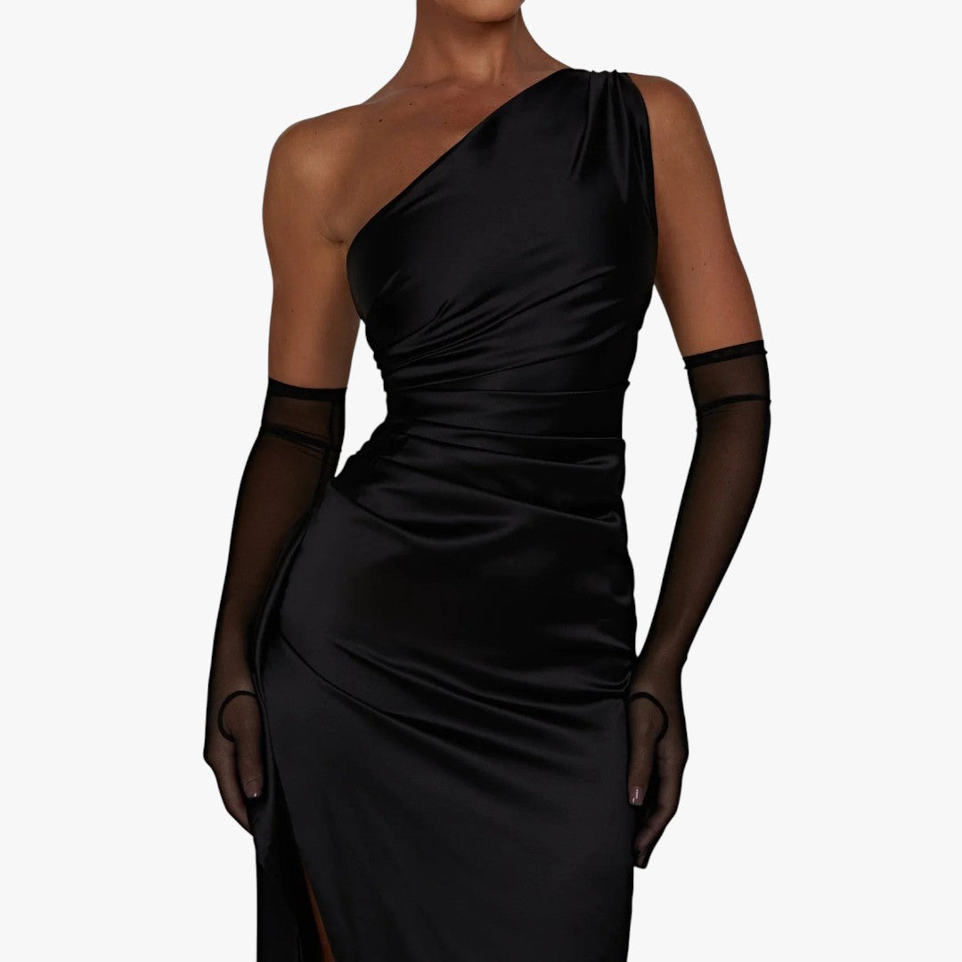Miles & Luna Pleated Satin One-Shoulder Split Maxi Dress for Women