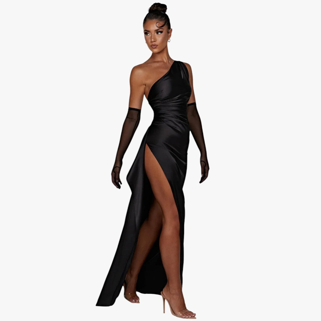 Miles & Luna Pleated Satin One-Shoulder Split Maxi Dress for Women