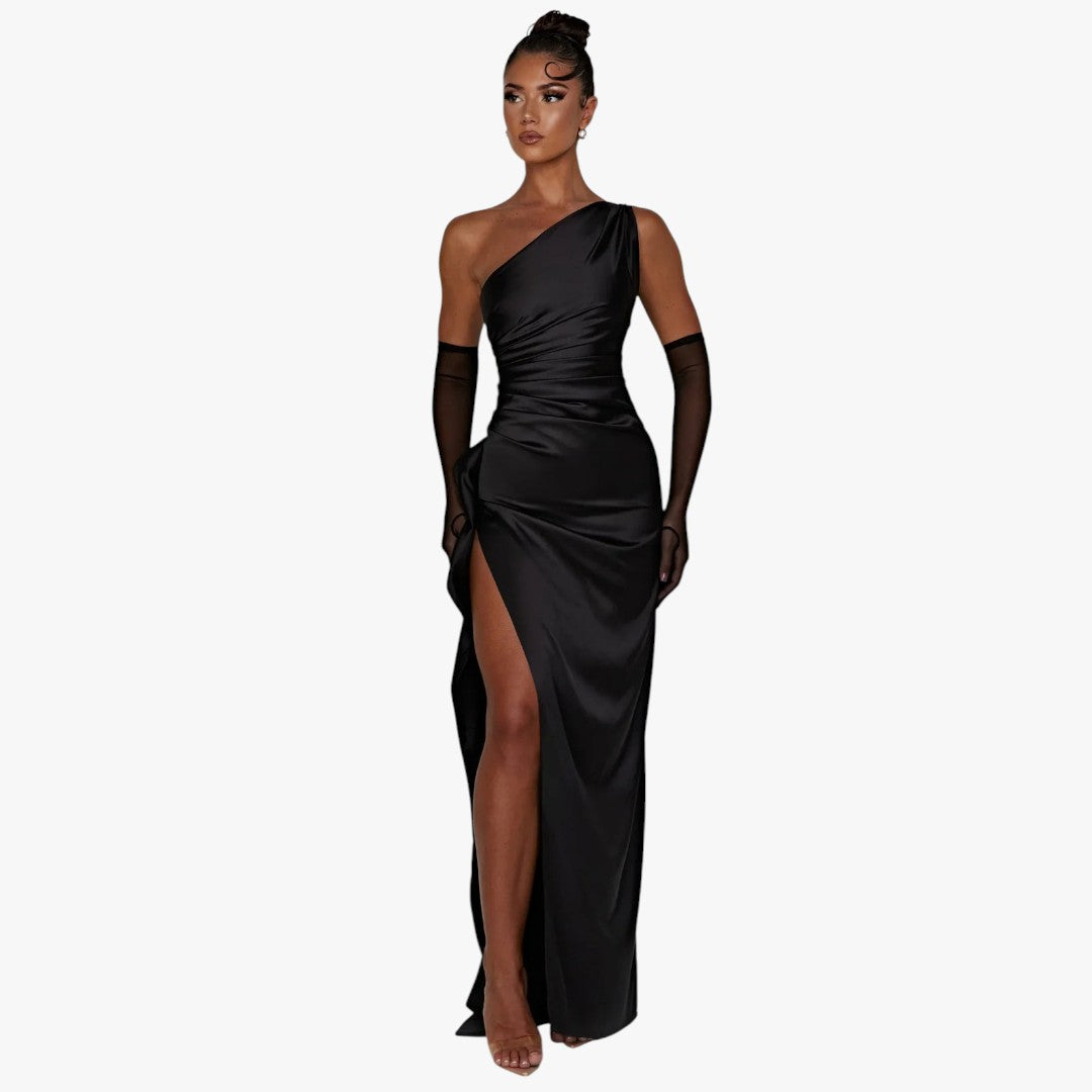 Miles & Luna Pleated Satin One-Shoulder Split Maxi Dress for Women