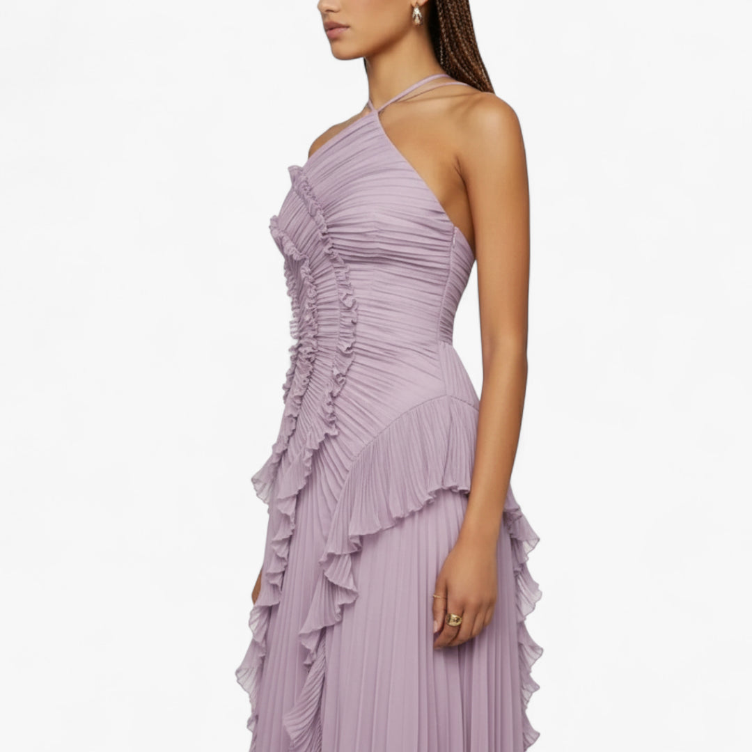 Miles & Luna Ruffle Pleated Halter Maxi Dress Slim Fit European Style for Women