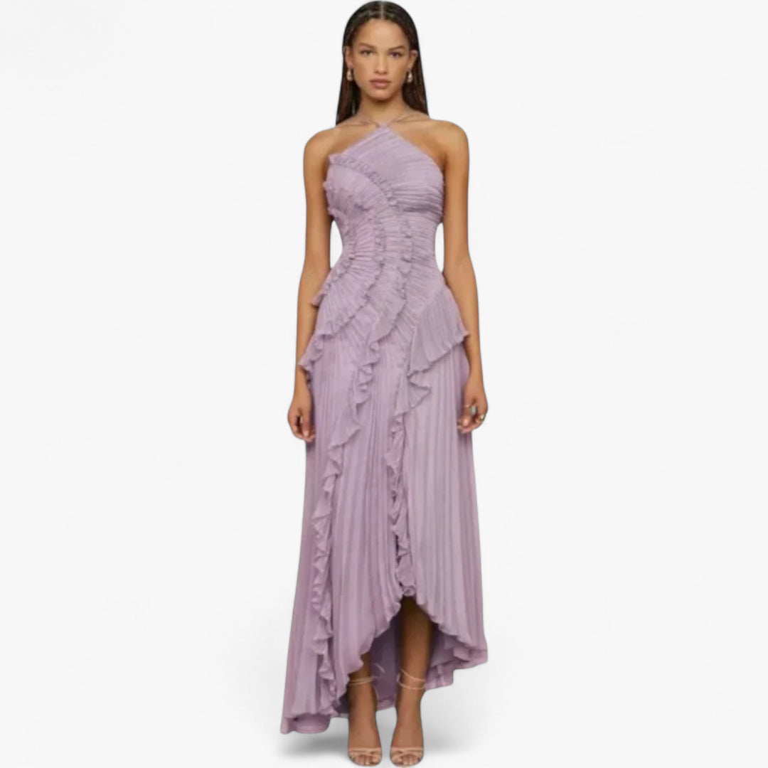 Miles & Luna Ruffle Pleated Halter Maxi Dress Slim Fit European Style for Women