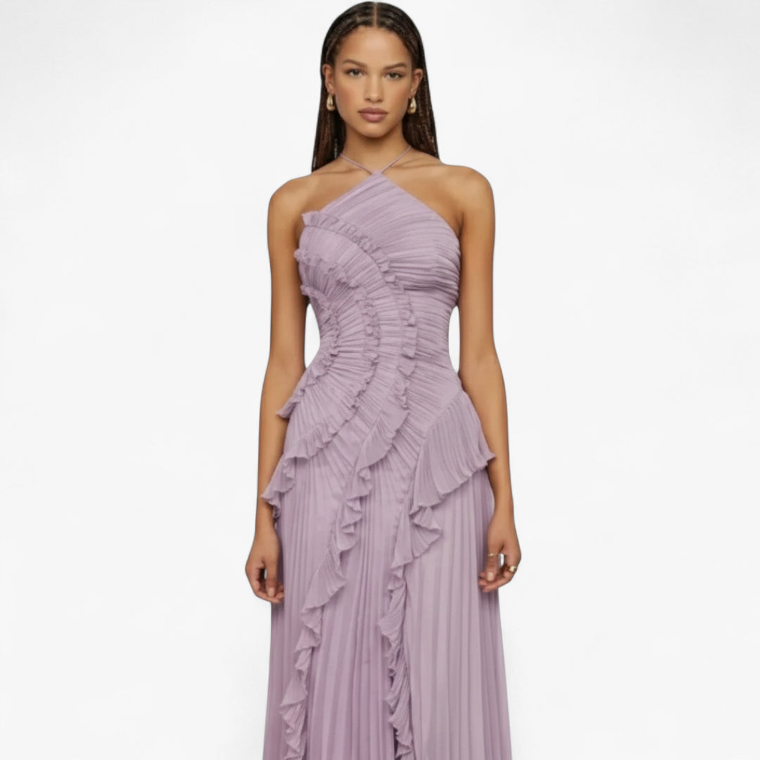Miles & Luna Ruffle Pleated Halter Maxi Dress Slim Fit European Style for Women