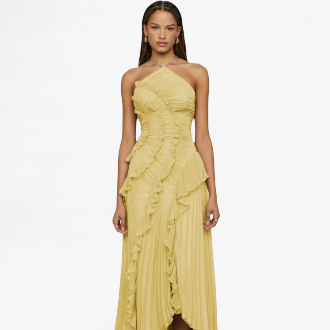 Miles & Luna Ruffle Pleated Halter Maxi Dress Slim Fit European Style for Women